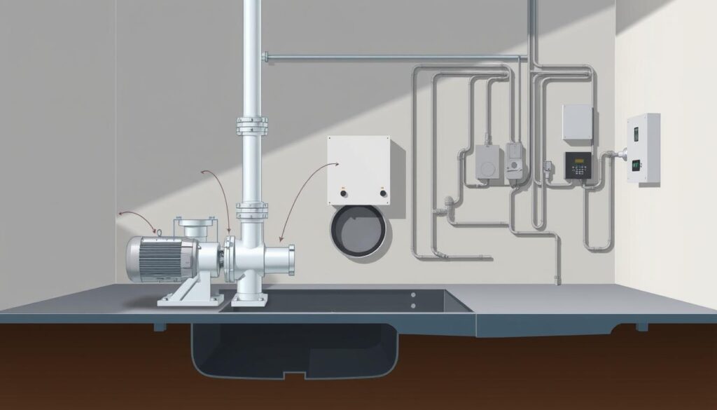 Calcul stations relevage A detailed schematic illustration of a sewage lift station, rendered in a technical, engineering-focused style. The foreground depicts the pump and motor assembly, with annotated components and dimensions. The middle ground showcases the wet well and access hatch, while the background features the control panel and electrical systems. The scene is lit by neutral, directional lighting, emphasizing the functional, industrial nature of the subject. The overall composition conveys a sense of precision and attention to engineering detail, suitable for illustrating a technical guide on wastewater system design.
