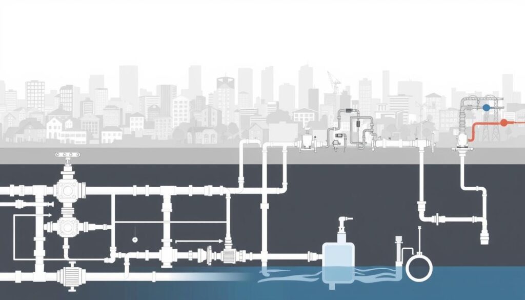 Composition of water supply (AEP) and sanitation (assainissement) networks. A detailed technical diagram depicting the structural differences between the two systems. In the foreground, intricate pipework and valves for the water distribution network. In the middle, a separate system of wastewater collection pipes, manholes, and treatment facilities. The background features a city skyline with residential and industrial buildings, suggesting the urban context. Rendered with a technical, schematic aesthetic using a neutral color palette, clean lines, and precise engineering details to convey the subject matter effectively.