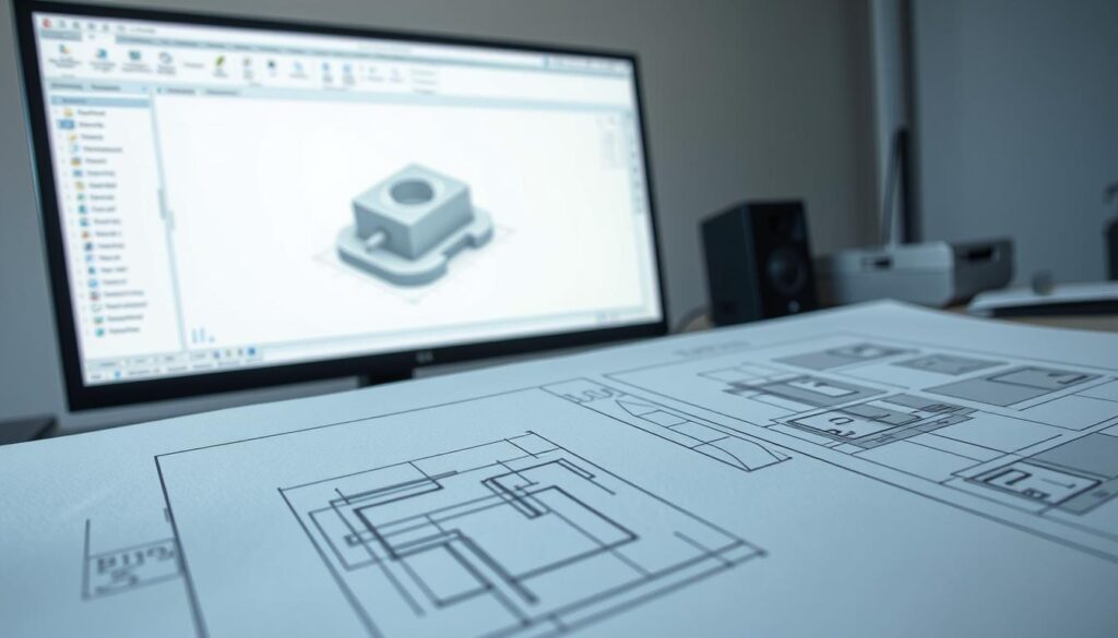 Detailed 2D sketching in SolidWorks. A professional engineer's workspace, with a high-resolution computer monitor displaying a 3D CAD model. Intricate 2D construction lines and profile sketches in the foreground, showcasing the precision tools and techniques of 3D design. Thoughtful use of perspective, crisp lighting, and clean lines to emphasize the technical nature of the subject matter. The overall scene conveys a sense of focus, expertise, and the seamless integration of digital and physical design processes. Detailed 2D sketching in SolidWorks. A professional engineer's workspace, with a high-resolution computer monitor displaying a 3D CAD model. Intricate 2D construction lines and profile sketches in the foreground, showcasing the precision tools and techniques of 3D design. Thoughtful use of perspective, crisp lighting, and clean lines to emphasize the technical nature of the subject matter. The overall scene conveys a sense of focus, expertise, and the seamless integration of digital and physical design processes.