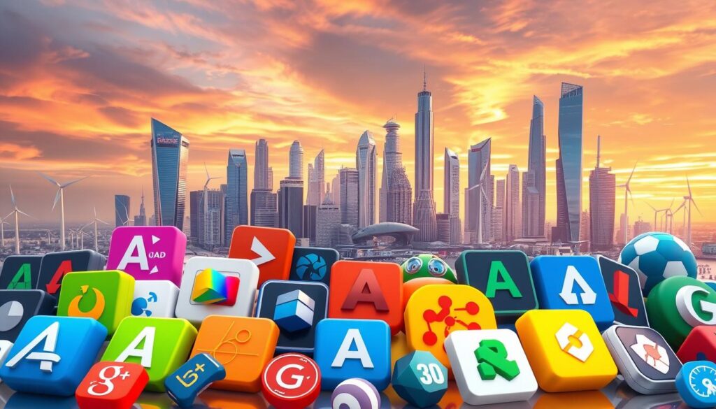 Detailed 3D illustration of various software applications as alternatives to full Autodesk software packages. In the foreground, a collection of colorful app icons representing CAD, 3D modeling, and engineering software solutions. In the middle ground, a futuristic cityscape with skyscrapers, wind turbines, and other architectural elements. The background features a dramatic sky with warm lighting, creating a sense of innovation and technological progress. The overall scene conveys the idea of a diverse ecosystem of Autodesk alternatives catering to different design and engineering needs.