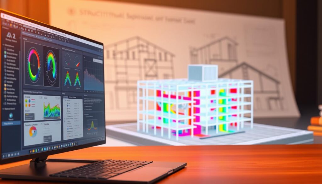 Detailed 3D rendering of a structural engineering simulation software interface. Prominent in the foreground, a clear user interface with various analysis tools, simulations, and data visualizations. In the middle ground, a complex 3D building model undergoing structural analysis, with colored stress maps and deformation overlays. The background features a softly blurred architectural drawing or blueprint, hinting at the software's integration with design workflows. Warm lighting creates a professional, technical atmosphere, with clean lines and a minimalist aesthetic reflecting the precision of structural engineering. The overall scene conveys the powerful capabilities of specialized structural simulation software.