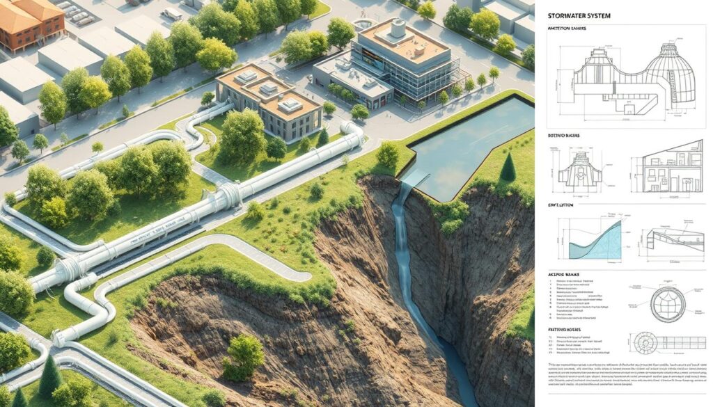 Detailed architectural diagram of a stormwater drainage system. Crisp, technical illustration in isometric view. Intricate pipes, channels, and detention basins in the foreground, with lush vegetation and buildings in the middle ground. Bright, even lighting from an industrial setting. Precise engineering diagrams, technical labels, and measurements on the side. Conveys a sense of functionality, efficiency, and environmental consciousness. Realistic, photorealistic style with subtle textures and high-definition details.