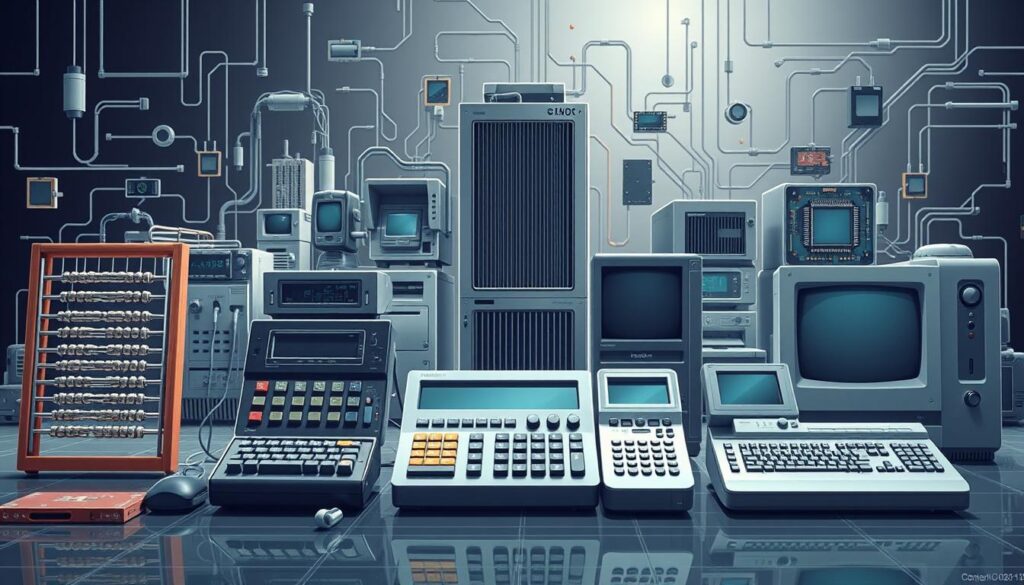 Detailed evolution of computing tools over time, showcasing the progression from primitive mechanical devices to advanced digital computers. A visually striking and technically accurate illustration, with a clean, modern aesthetic. Centered composition featuring prominent foreground elements like an abacus, slide rule, and early programmable calculators, against a backdrop of increasingly complex and miniaturized mainframes, microchips, and cutting-edge hardware. Crisp lighting accentuates the sleek, metallic textures and futuristic design. Conveys a sense of technological innovation and the ever-expanding capabilities of computational tools.