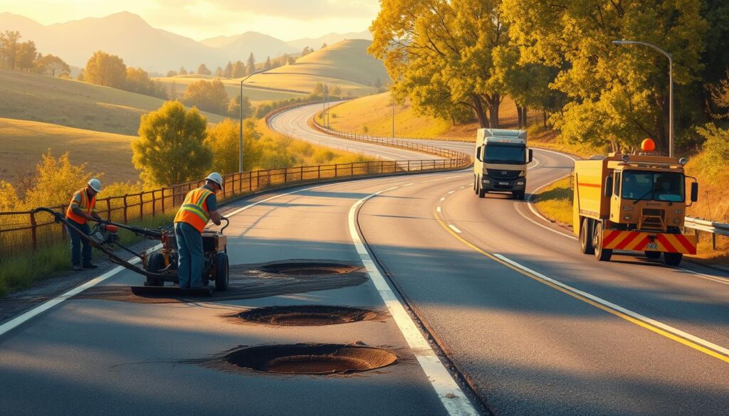 Detailed illustration of road maintenance techniques. In the foreground, a team of workers using specialized equipment to patch potholes and repair asphalt. In the middle ground, a road sweeper clearing debris, and a construction vehicle laying down new pavement. In the background, a winding rural road lined with trees and rolling hills, bathed in warm, golden afternoon light. The scene conveys the complexity and importance of effective road maintenance, with a focus on the practical, hands-on work required to ensure safe and well-functioning transportation infrastructure.