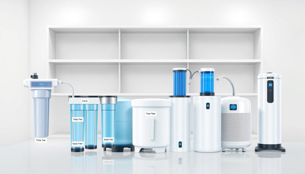 Detailed illustration of various popular water treatment systems in a clean, modern setting. Foreground showcases a reverse osmosis unit, a water softener, and a ceramic water filter, all with clear labels. Middle ground features a water distiller and a UV water purifier. Background has minimalist shelving and neutral-toned walls, creating a crisp, technical atmosphere. Soft, directional lighting highlights the sleek, high-quality materials and finishes of the equipment. Subtle reflections on the smooth surfaces add depth and polish to the overall scene. A cohesive, educational composition that visually communicates the "Options populaires de systèmes de traitement" concept.