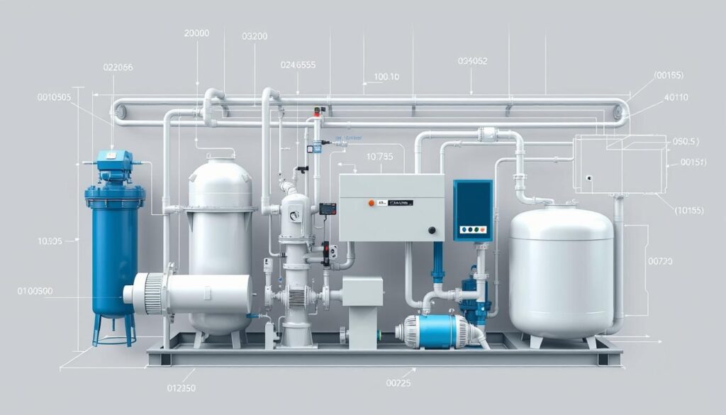 Detailed technical diagram of water treatment system maintenance costs. Closeup view of various equipment components like filters, pumps, tanks, pipes, and control panels. Precise engineering schematics with labels and dimensions. Neutral color palette of grays, blues, and greens. Crisp, high-resolution imagery with clean, minimalist layout. Bright, directional lighting reveals the intricate inner workings. Precise camera angle showcases the overall system layout and individual parts. Conveys a sense of efficiency, reliability, and attention to detail.