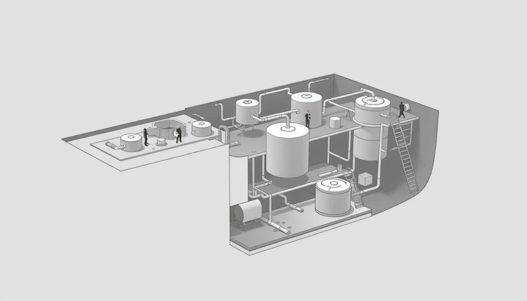Detailed technical illustration depicting the conceptual design of sanitation structures. A clean, organized layout showcases various components in a cutaway view, rendered with precise engineering drafting style. Muted gray tones with subtle shading convey a functional, schematic aesthetic. The composition emphasizes the intricate interplay of underground pipes, tanks, and access points. Subtle ambient lighting casts soft shadows, highlighting the structural elements. A sense of scale is established through the inclusion of human figures interacting with the sanitation system. The overall impression is one of comprehensive, well-engineered wastewater management infrastructure.
