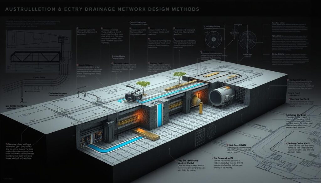 Detailed technical schematic of drainage network design methods, rendered in a technical and engineering-focused style. Cutaway view showcasing key components and calculations, with clear delineation of foreground, middle, and background elements. Precise engineering diagrams and schematics, rendered with high-quality, photorealistic textures and materials. Muted color palette with highlights on crucial details. Dramatic three-point lighting to accentuate depth and shadows. High-resolution, wide-angle perspective to capture the full scope of the drainage network design process. Detailed technical schematic of drainage network design methods, rendered in a technical and engineering-focused style. Cutaway view showcasing key components and calculations, with clear delineation of foreground, middle, and background elements. Precise engineering diagrams and schematics, rendered with high-quality, photorealistic textures and materials. Muted color palette with highlights on crucial details. Dramatic three-point lighting to accentuate depth and shadows. High-resolution, wide-angle perspective to capture the full scope of the drainage network design process.