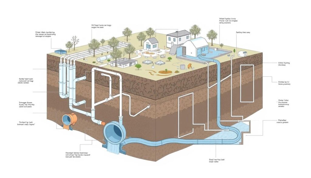 Detailed technical schematic of various sewage treatment and drainage systems, including underground pipes, manholes, septic tanks, and drainage ditches. The scene depicts a cross-section of the earth, showcasing the intricate network of sanitation infrastructure. The image has a technical, engineering-focused aesthetic with precise, technical linework and muted, earthy tones. Lighting is clear and evenly distributed, allowing for a comprehensive view of the different sewage treatment techniques. The overall composition is well-balanced, drawing the viewer's eye through the different layers of the sanitation systems.