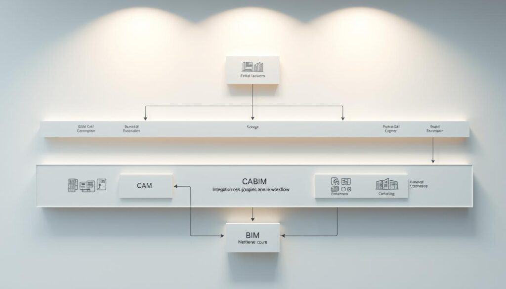 Elegant architectural workflow diagram, showcasing the seamless integration of CAD and BIM software. A sleek, minimalist layout with clean lines and geometric shapes, depicting the various stages of the design process. Soft, diffused lighting casts a warm, professional glow, guiding the viewer's eye through the interconnected components. Subtle use of grays, blues, and whites evokes a sense of technological sophistication, perfect for illustrating the "Intégration des logiciels dans le workflow" section. The overall composition strikes a balance between form and function, mirroring the efficiency and organization of a well-executed architectural workflow.