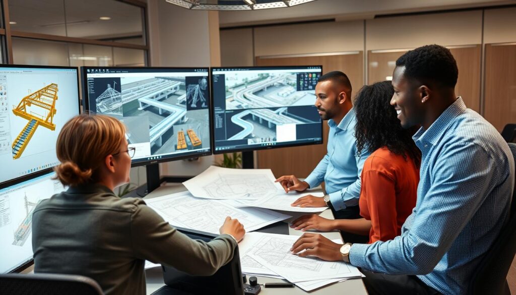 Équipe d'ingénieurs en génie civil collaborant sur un projet avec les meilleurs logiciels pour ingénieurs en génie civil 2025 Équipe d'ingénieurs en génie civil collaborant sur un projet avec les meilleurs logiciels pour ingénieurs en génie civil 2025