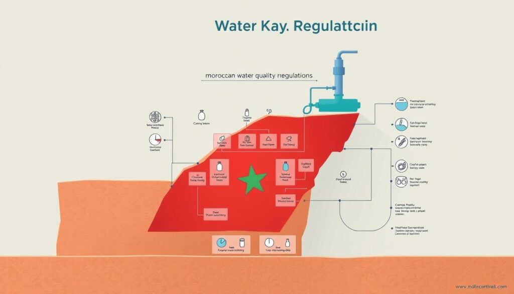 High-quality illustration of Moroccan water quality regulations, featuring a detailed and technical diagram showcasing the key components and specifications. Set against a clean, minimalist background with muted colors, the image should convey a sense of professionalism and authority. The diagram should include icons, charts, and labeled sections to clearly communicate the regulatory framework, standards, and testing procedures for water supply and sanitation systems in Morocco. Rendered with a realistic, technical style using a digital painting technique and a precise, engineering-inspired perspective to maximize clarity and educational value.