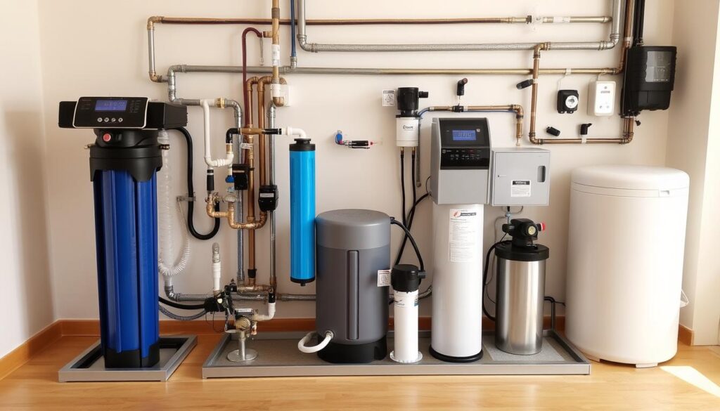 High-quality installation of a residential water treatment system, showcasing the different components in an organized and visually appealing layout. The foreground depicts the main water filtration unit, with its sleek and modern design, surrounded by various pipes, valves, and fittings. The middle ground features ancillary equipment such as a water softener, UV sterilizer, and digital control panel, all neatly arranged and integrated. The background showcases the overall installation setting, including the water supply line, electrical connections, and any necessary structural elements, all in a well-lit and spacious environment. The image conveys a sense of professionalism, efficiency, and attention to detail, reflecting the careful planning and execution of a comprehensive home water treatment system.
