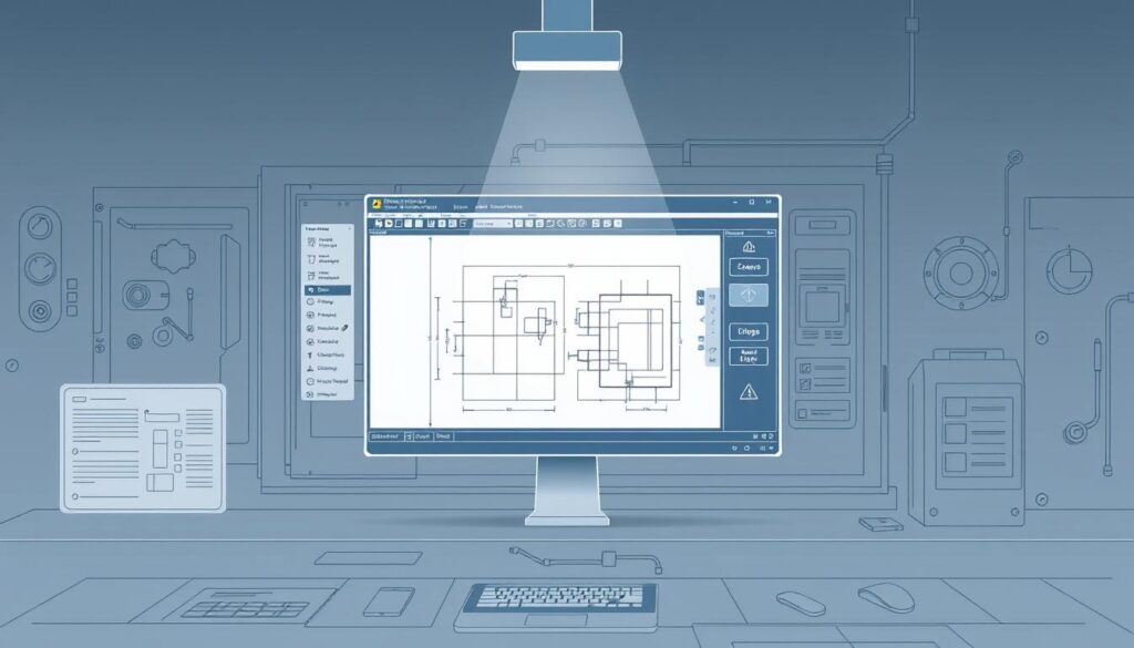 High-quality technical illustration of an industrial drawing software interface. Detailed, clean, minimalist design with a focus on technical precision and professional aesthetics. Muted color palette of greys, blues, and whites. Centered composition showcasing the main software window, tool panels, and menus. Subtle lighting from above creates depth and highlights key interface elements. Camera angle slightly elevated to provide a clear, unobstructed view of the software in use. No extraneous details or background clutter, the image should convey a sense of focused functionality.