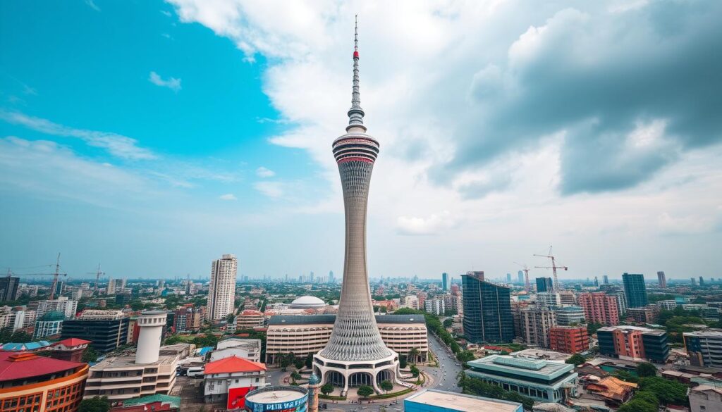 Image generation prompt: une image de la tour Iconic avec le paysage urbain de Lagos