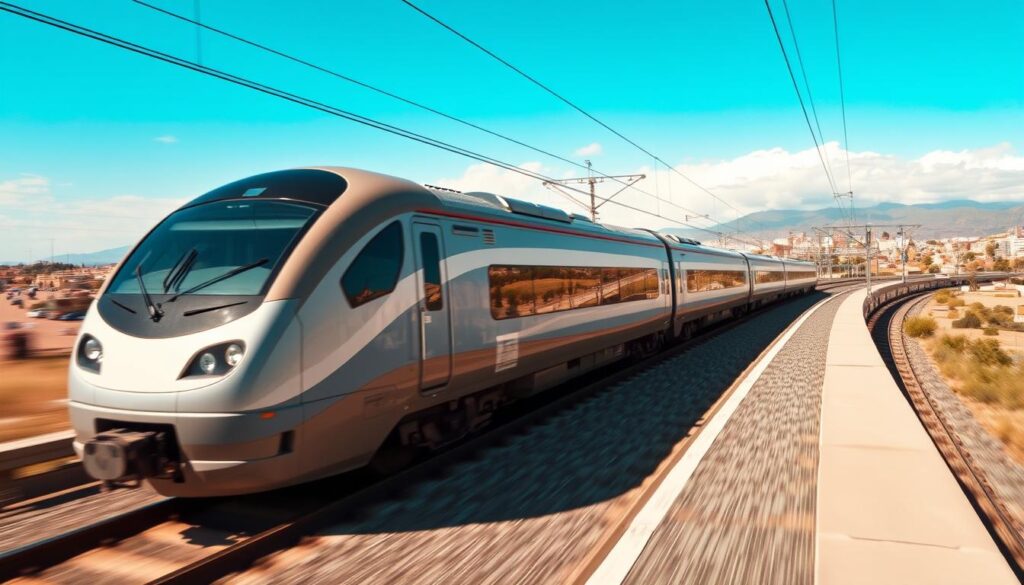 Image generation prompt: une image de train à grande vitesse circulant entre Tanger et Casablanca