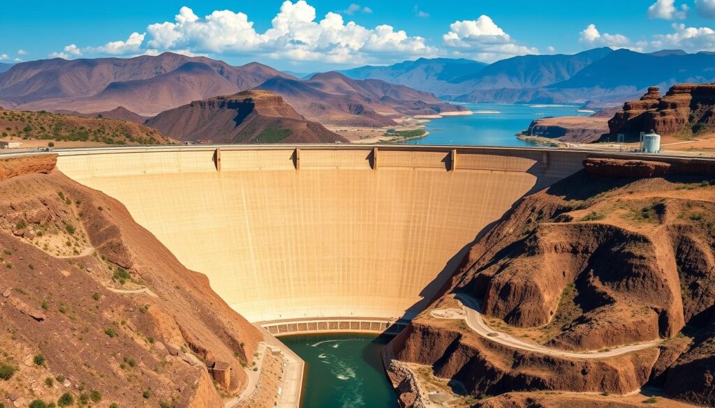 Image generation prompt: une image du Grand Barrage de la Renaissance éthiopienne avec une vue sur le Nil Bleu