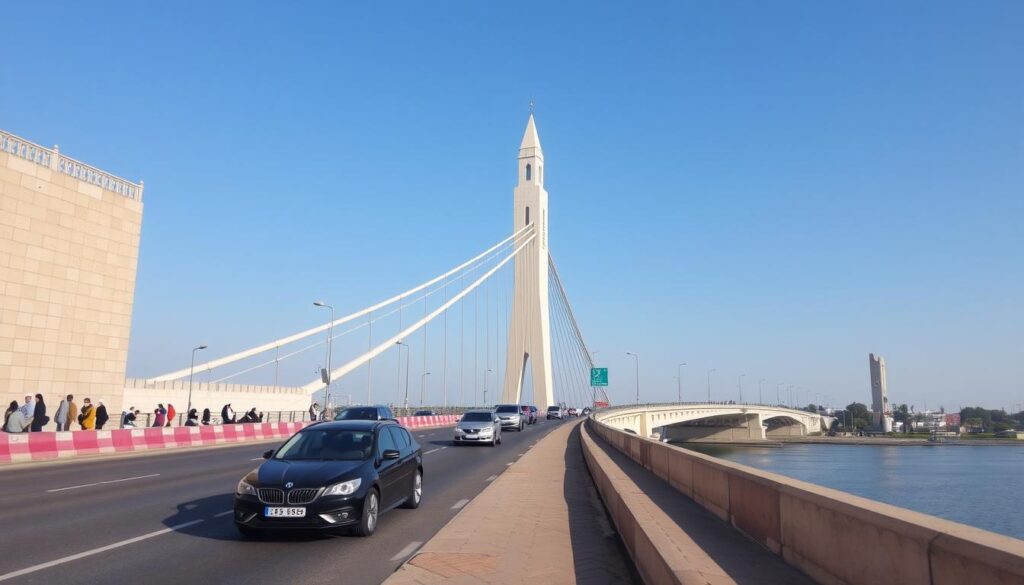 Image generation prompt: une image du pont Mohammed VI à Rabat avec des véhicules en mouvement