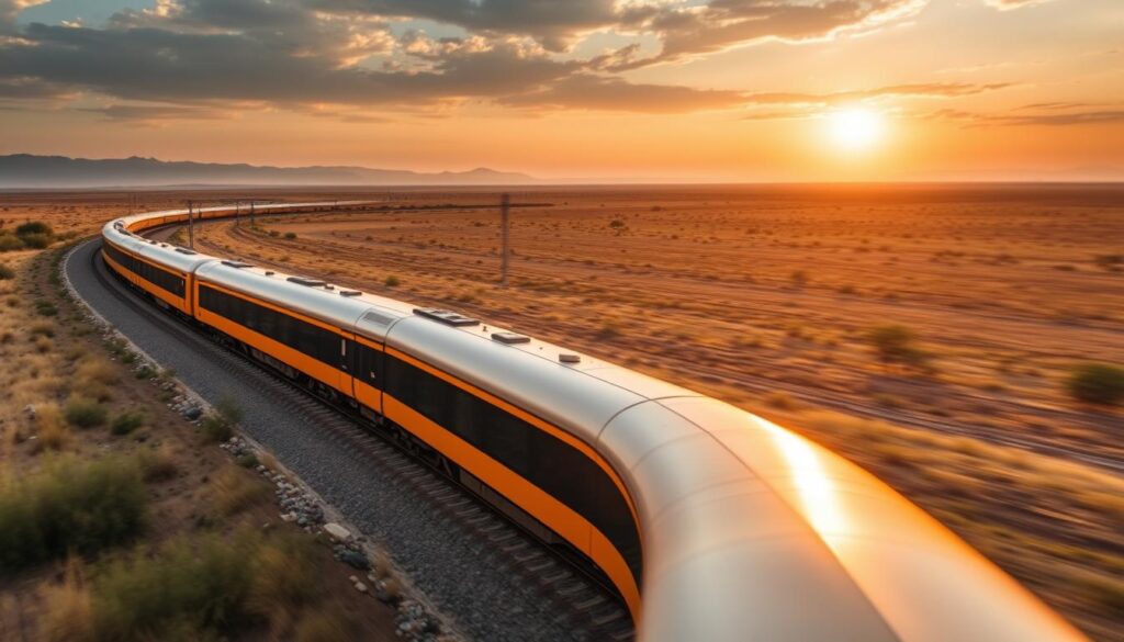 Image generation prompt: une image du train SGR en mouvement avec le paysage kenyan