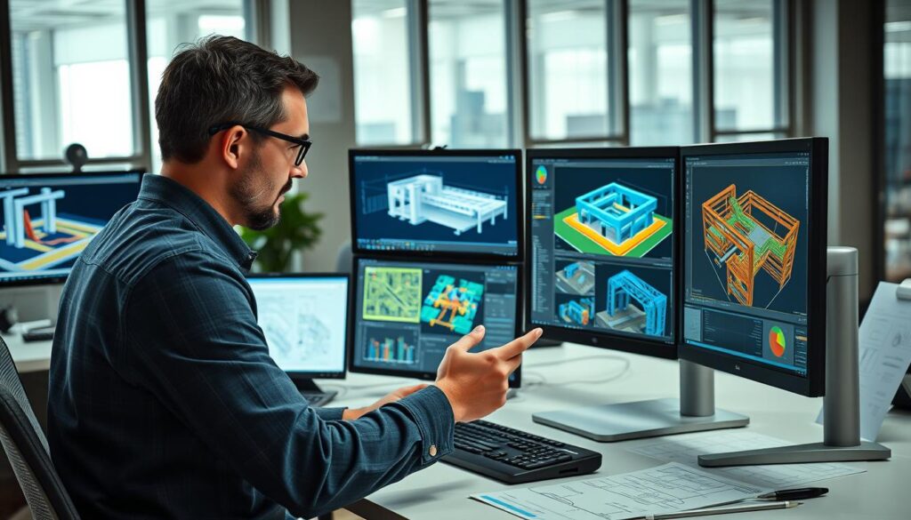 Ingénieur en génie civil analysant différents logiciels sur plusieurs écrans, choisissant parmi les meilleurs logiciels pour ingénieurs en génie civil 2025 Ingénieur en génie civil analysant différents logiciels sur plusieurs écrans, choisissant parmi les meilleurs logiciels pour ingénieurs en génie civil 2025