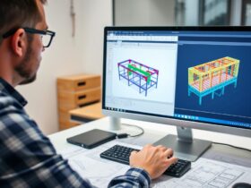 Ingénieur utilisant un logiciel de calcul structure métallique gratuit pour analyser une charpente en acier