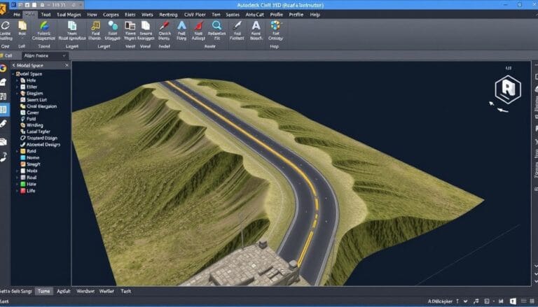 Interface d'Autodesk Civil 3D montrant la modélisation d'une infrastructure routière, un des meilleurs logiciels pour ingénieurs en génie civil 2025