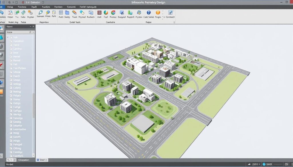 Interface d'Infraworks montrant la conception préliminaire d'un projet urbain, un des meilleurs logiciels pour ingénieurs en génie civil 2025 Interface d'Infraworks montrant la conception préliminaire d'un projet urbain, un des meilleurs logiciels pour ingénieurs en génie civil 2025