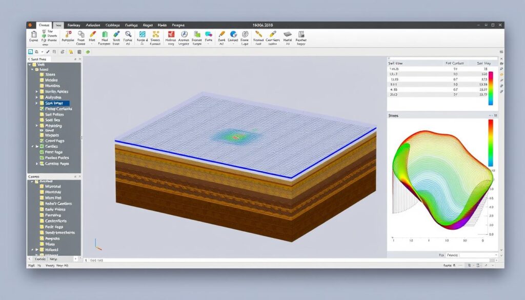 Interface de Plaxis montrant une analyse géotechnique par éléments finis, un des meilleurs logiciels pour ingénieurs en génie civil 2025 Interface de Plaxis montrant une analyse géotechnique par éléments finis, un des meilleurs logiciels pour ingénieurs en génie civil 2025