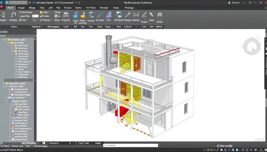 Interface de Revit montrant la modélisation BIM d'un bâtiment avec ses systèmes, un des meilleurs logiciels pour ingénieurs en génie civil 2025 Interface de Revit montrant la modélisation BIM d'un bâtiment avec ses systèmes, un des meilleurs logiciels pour ingénieurs en génie civil 2025