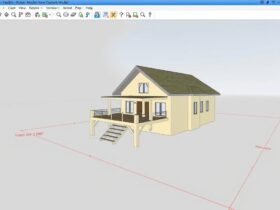 Interface de SketchUp montrant un modèle 3D d'une maison
