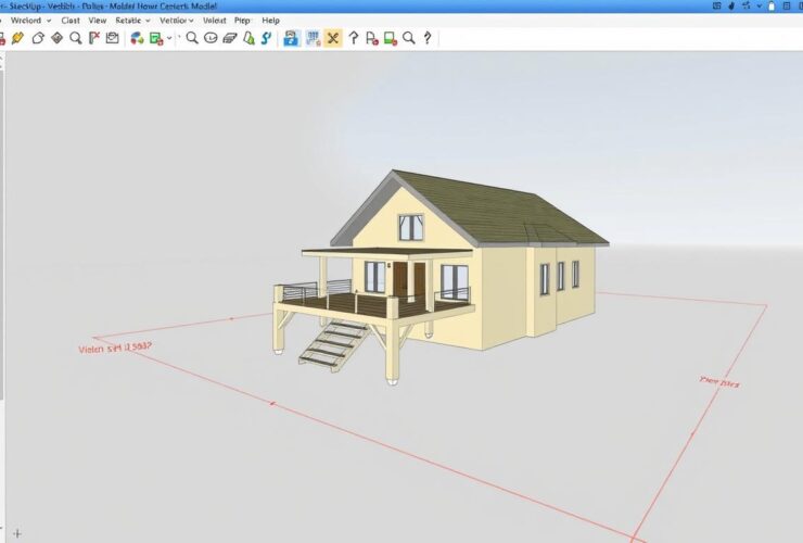 Interface de SketchUp montrant un modèle 3D d'une maison