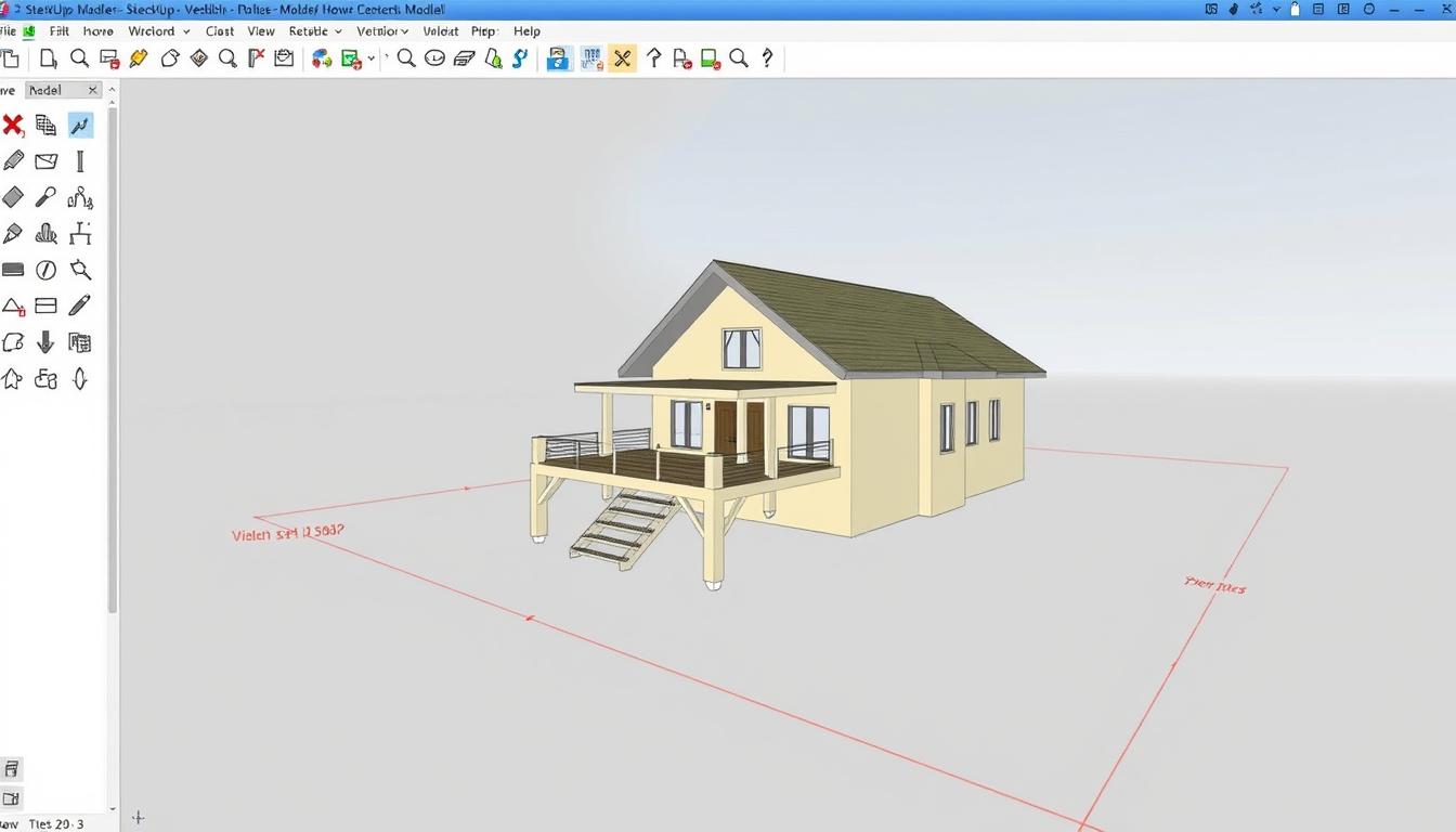 Interface de SketchUp montrant un modèle 3D d'une maison