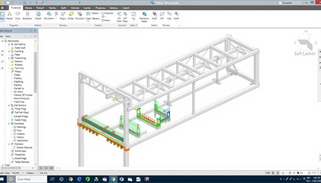 Interface de Tekla Structures montrant la modélisation détaillée d'une structure en acier, un des meilleurs logiciels pour ingénieurs en génie civil 2025 Interface de Tekla Structures montrant la modélisation détaillée d'une structure en acier, un des meilleurs logiciels pour ingénieurs en génie civil 2025