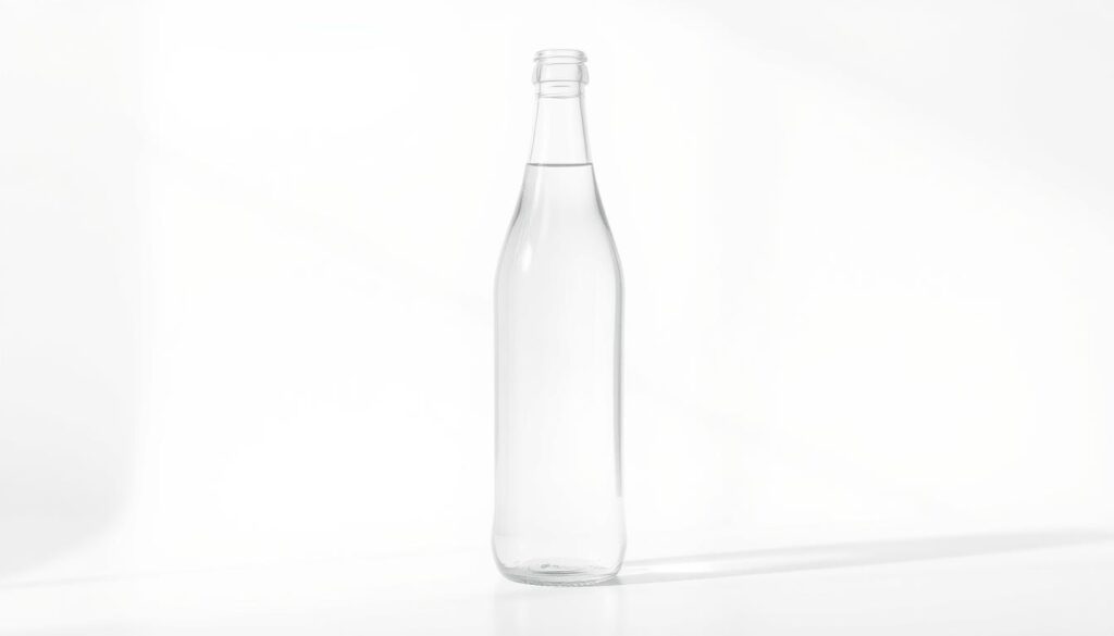Photograph of a glass bottle filled with clear, still water on a plain white background, illuminated by soft, diffused natural lighting from the left side. The bottle has a simple, elegant design with a minimalist label. The water inside the bottle appears pure and refreshing, casting subtle reflections on the glass surface. The overall composition emphasizes the simplicity and purity of the bottled water, conveying a sense of quality and health-consciousness.