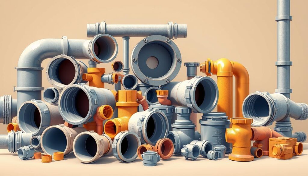Pipes and conduits for sanitation: A detailed, technical illustration showcasing an array of drainage pipes, fittings, and components. Rendered in a realistic, industrial style with a focus on materials and construction. The scene features a variety of pipe sizes, shapes, and connections, arranged in a well-organized, visually appealing layout. Lighting is crisp and directional, accentuating the textures and details of the plumbing system. The background is clean and uncluttered, allowing the viewer to focus on the technical aspects of the equipment. The overall tone is informative and educational, suitable for use in a technical article on drainage and sanitation materials.