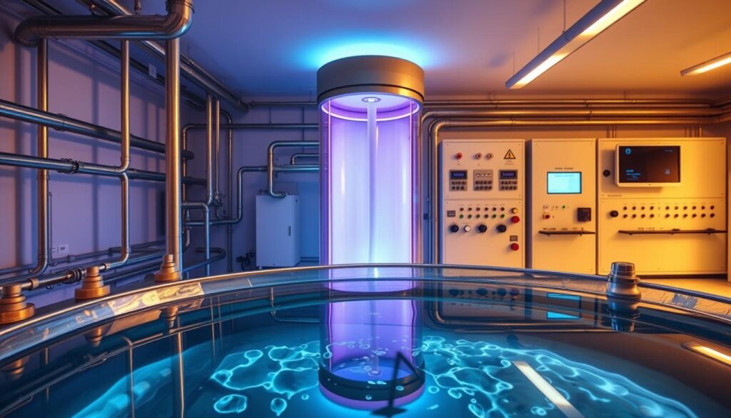 Purification de l'eau: a sleek, modern water treatment facility bathed in warm, diffused lighting. In the foreground, a clear glass tank filled with crystal-clear water, surrounded by stainless steel pipes and valves. In the middle ground, a cylindrical UV disinfection chamber, its interior glowing with a soft, purplish hue. Behind, rows of sleek, minimalist control panels and monitoring equipment, their displays showing real-time data on water purity and flow rates. The overall atmosphere is one of efficiency, cleanliness, and scientific precision - a testament to the power of UV technology to effectively eliminate harmful bacteria and provide safe, clean drinking water.