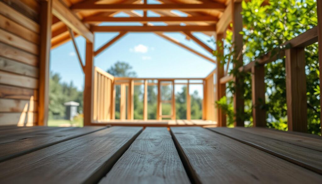 Soft, natural lighting illuminates a well-crafted wooden structure, its grains and textures subtly revealed. In the foreground, smooth, eco-friendly wooden planks and beams are carefully arranged, showcasing the material's strength and versatility. The mid-ground features a partially assembled wooden framework, hinting at the construction process. In the background, lush greenery and a clear blue sky create a serene, sustainable atmosphere, emphasizing the harmony between the wooden structure and its natural environment. The overall scene conveys the warmth, durability, and environmental friendliness of wood as a construction material.