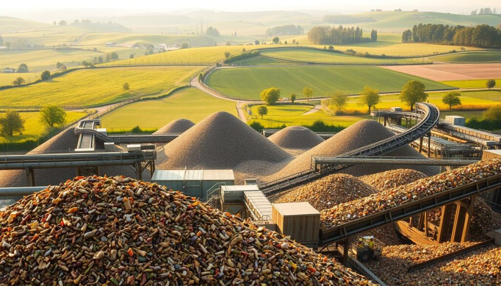 Valorisation des déchets organiques: A large composting facility nestled in a lush, rolling landscape. In the foreground, organic waste is being meticulously sorted and processed through a series of industrial-scale machines. Conveyor belts move the material into towering, aerated piles, where microbial activity breaks down the organic matter. The middle ground shows workers in protective gear monitoring the process, while in the background, verdant fields and trees frame the scene, hinting at the eventual agricultural use of the finished compost. Warm, diffused lighting creates a sense of productivity and environmental harmony. The overall atmosphere conveys the efficient and sustainable management of organic waste, a crucial component of effective wastewater treatment.