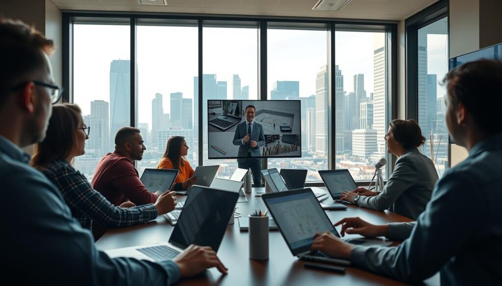 a highly detailed, cinematic, photorealistic image of distance learning for civil engineering, featuring an online classroom setting with a virtual instructor teaching a group of remote students, shown through a large window overlooking a modern city skyline. The scene should have a warm, inviting atmosphere with natural lighting flooding the room. The students should be engaged and attentive, using laptops and tablets to follow the lesson. The overall composition should convey the convenience, flexibility, and effectiveness of remote education for civil engineering students.
