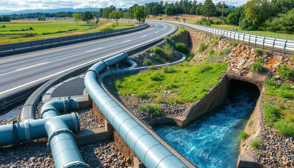 a technologically advanced highway drainage system, showcasing a complex network of underground pipes, grates, and culverts designed to efficiently manage stormwater runoff. The scene depicts a well-engineered roadway, with a serene landscape in the background, reflecting the harmonious integration of infrastructure and the natural environment. The image should convey a sense of functionality, environmental sensitivity, and modern engineering principles at work, capturing the essence of the "Impacts of Highway Drainage on the Environment" section of the article.