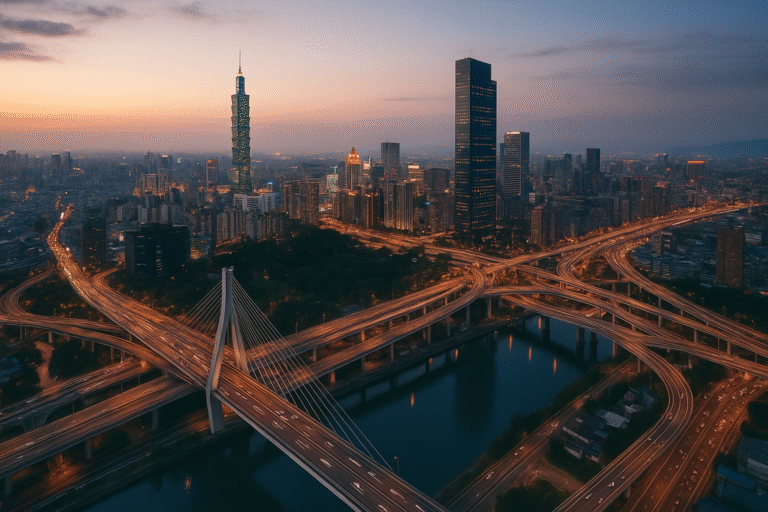 Vue aérienne d’une ville avec routes, ponts et bâtiments.
