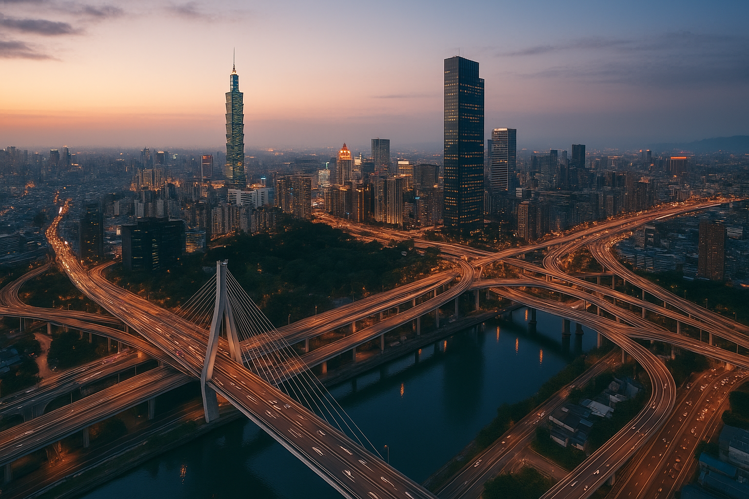 Vue aérienne d’une ville avec routes, ponts et bâtiments.