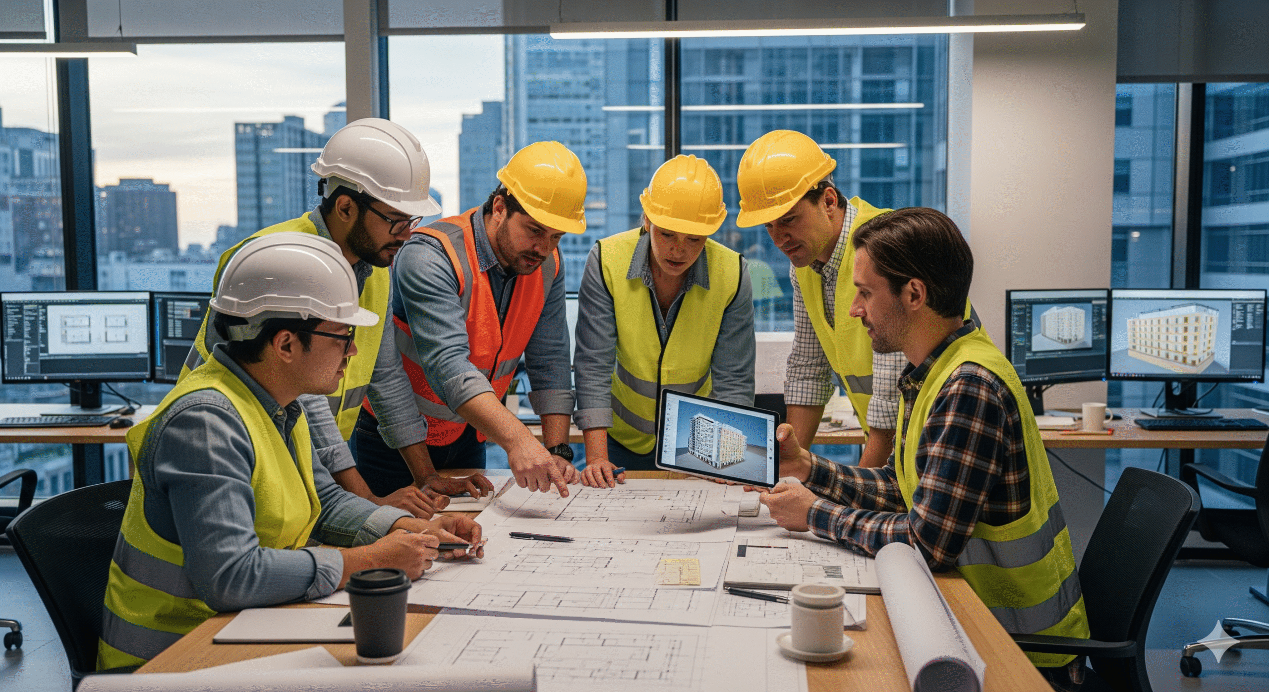 Équipe d'ingénieurs examinant les plans d'un grand projet de construction