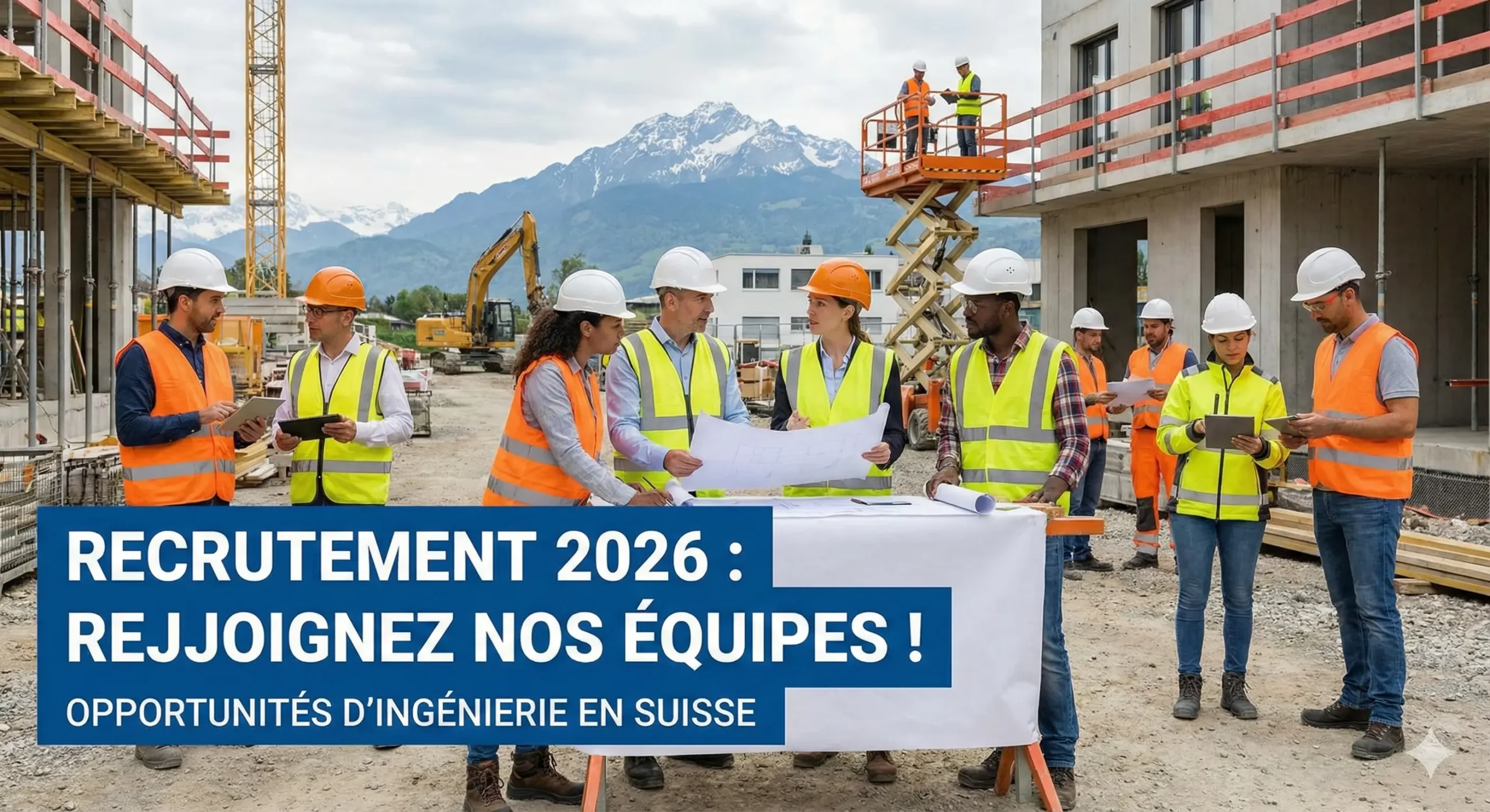 Ingénieurs BTP en chantier en Suisse lors d'un recrutement 2026