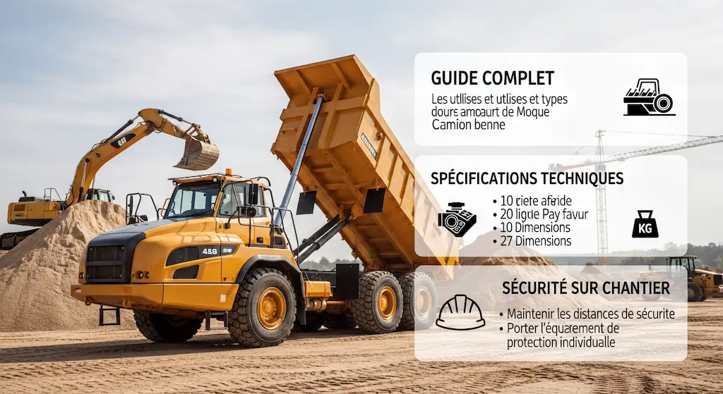 Camion benne 8x4 Volvo FMX électrique en opération sur chantier, benne Hardox levée déchargeant matériaux, technologies Euro 7 et télématique 2026 visibles.