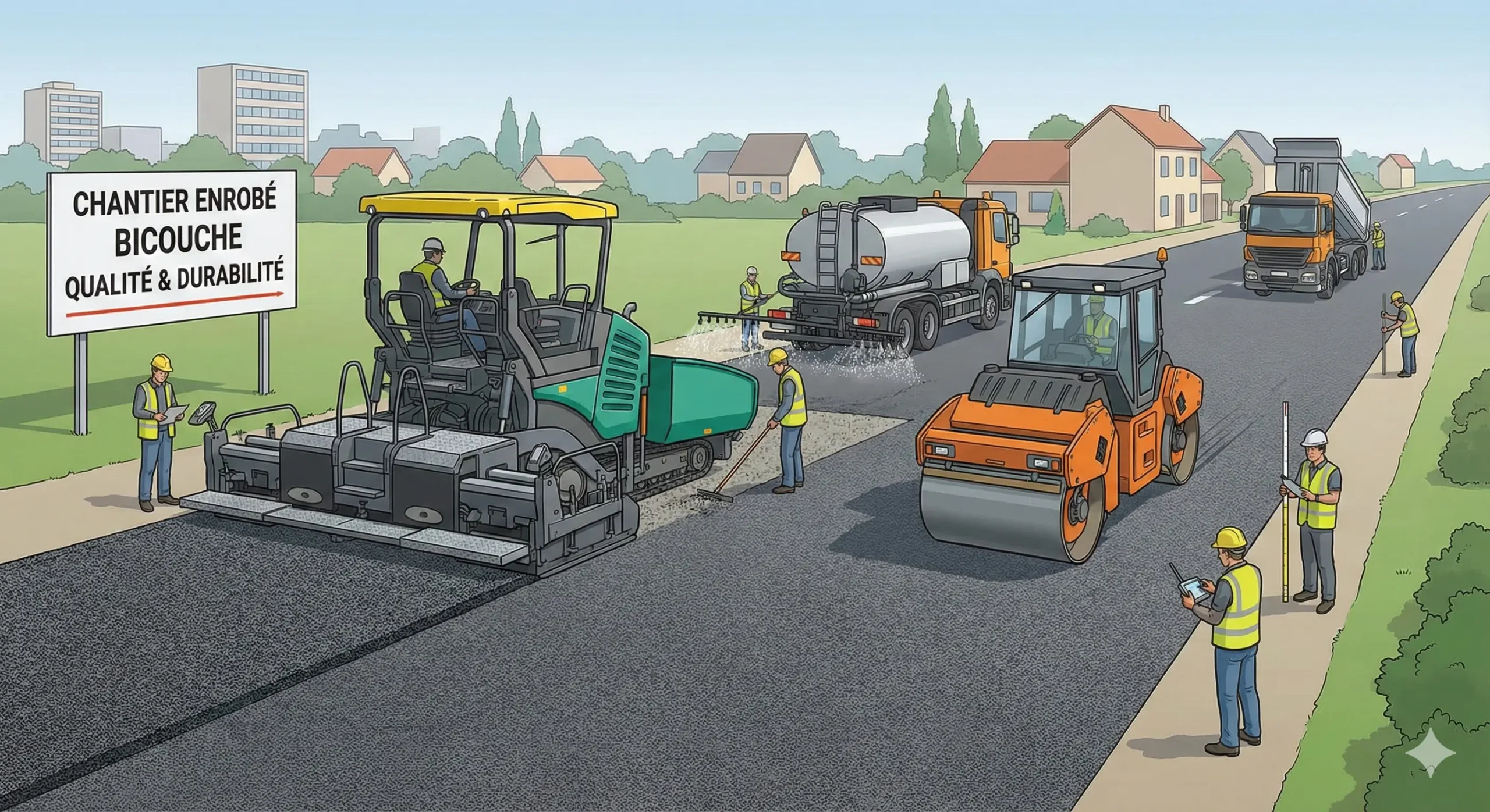 Chantier d'application de l'enrobé bicouche