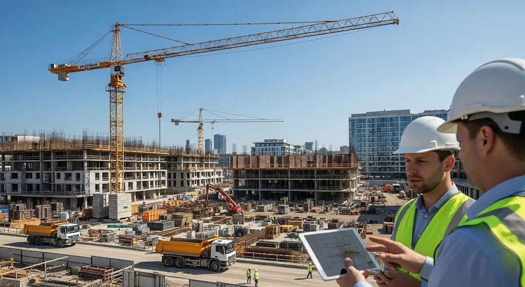 Ingénieur sélectionnant modèle grue à tour via rendus 3D et diagrammes charge, choix optimal prix location capacité hauteur sous crochet BTP.