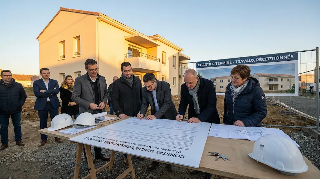 Des professionnels du bâtiment signent le document officiel "Constat d'achèvement des travaux" sur une table de chantier, devant un immeuble résidentiel neuf et une banderole annonçant la fin des travaux.