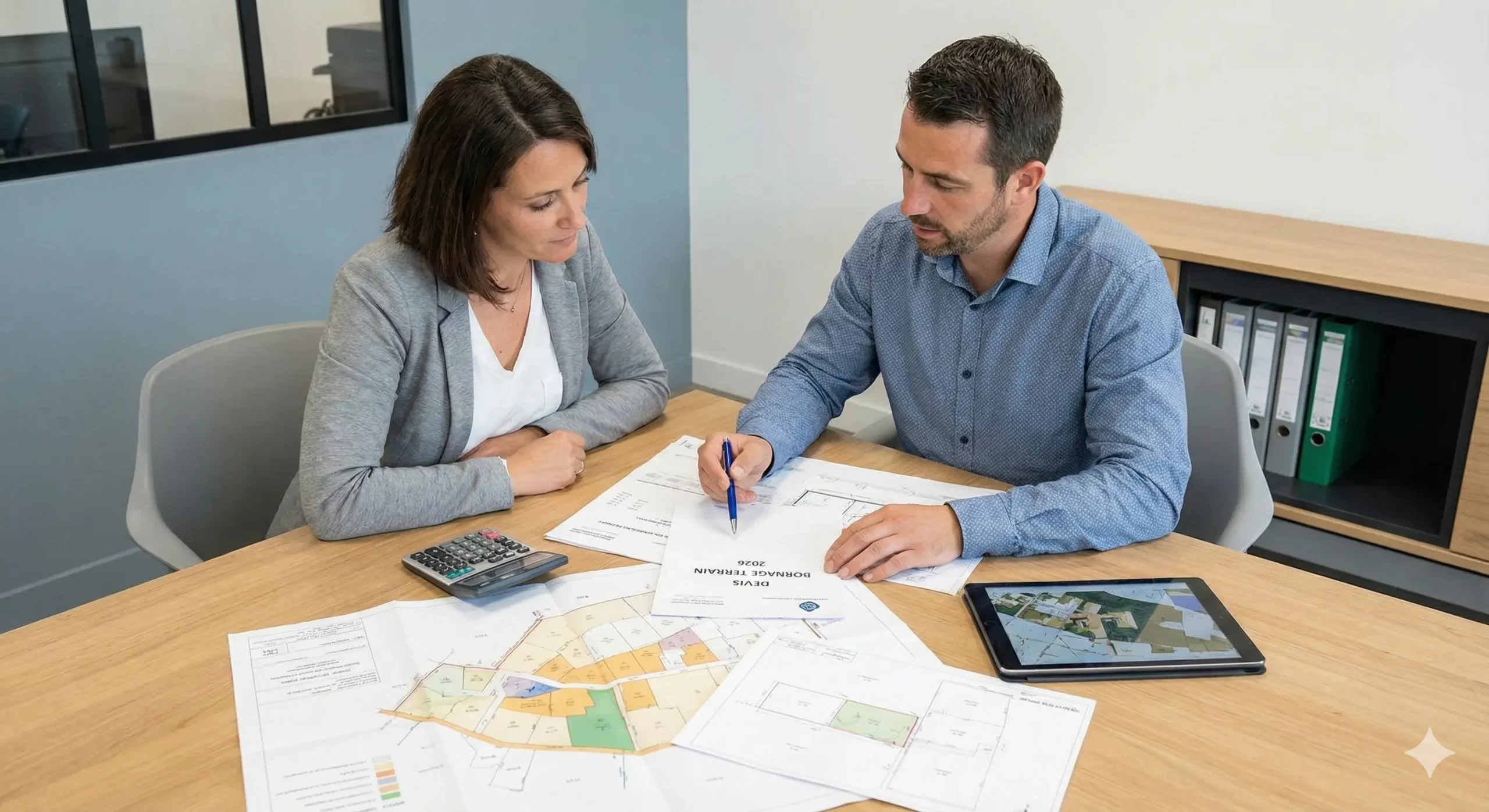 Consultation pour devis bornage terrain entre un géomètre expert et propriétaire, année 2026