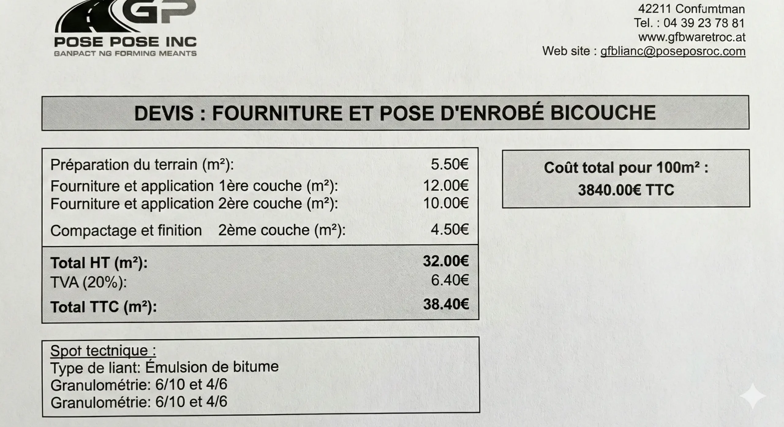 Devis détaillé pour l'enrobé bicouche